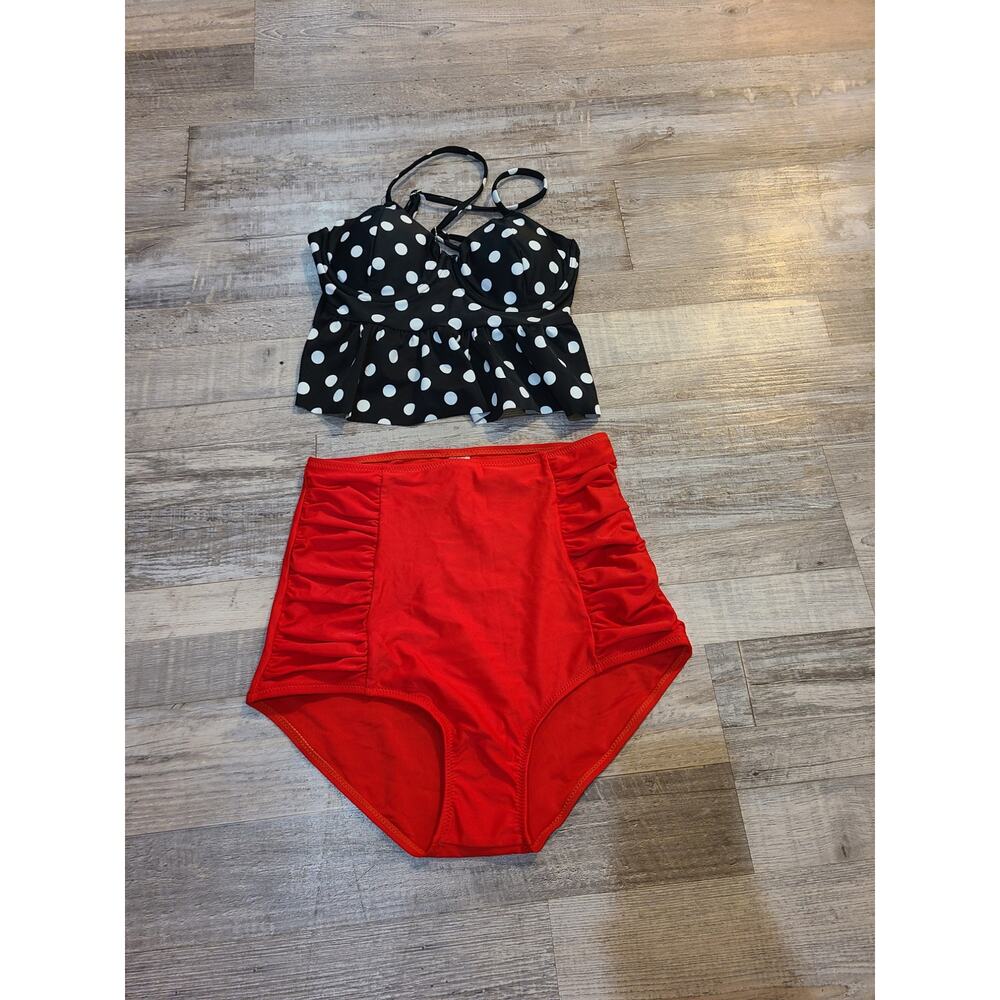 Unknown brand small women's two piece polka dot and red swimsuit
